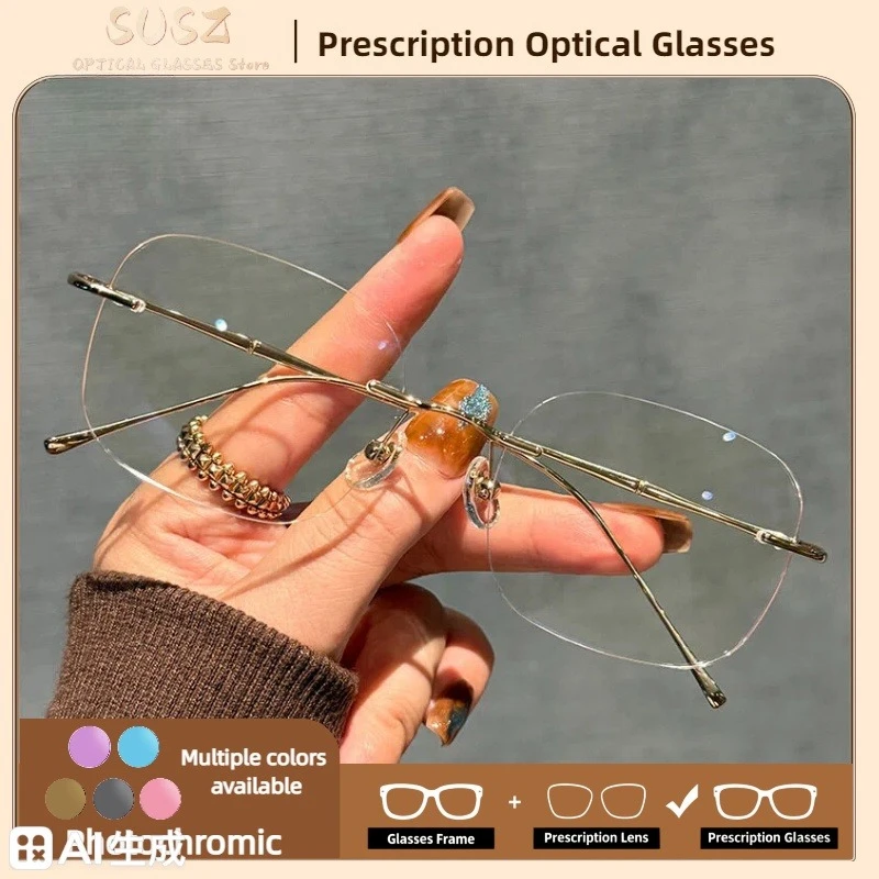 SUSZ Ultra-light Titanium Rimless Read Glasses Simple Square Myopia Frames Anti-blue light Customized Prescription Glasses