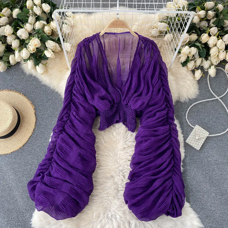 

Women Blouse Sexy Deep V Neck Tops Full Puff Sleeve Tight Waist Top Shirts Slim Fit Blouses Elegant Splice Pleated Shirt