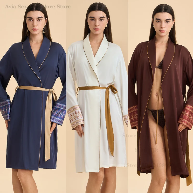 

New Female Sexy Robe Intimate Lingerie Nightgown Long Sleeved Bathrobe Kimono Sleepwear Spring Summer Casual Satin Home Dressing