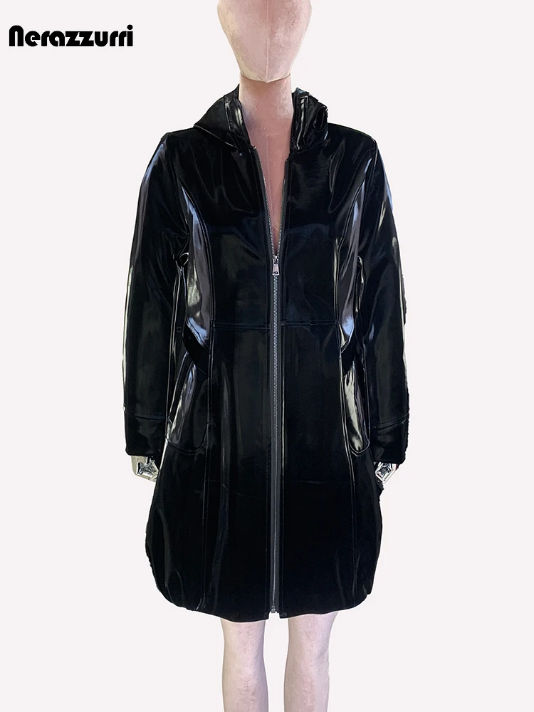 Nerazzurri-Veste en Faux Cuir Verni pour Femme, Coupe Ajustée, Imperméable, Moulage Brcorporelle, Noir, Capuche, Fermeture Éclair, Rouge, Vêtements d'Automne et de Printemps