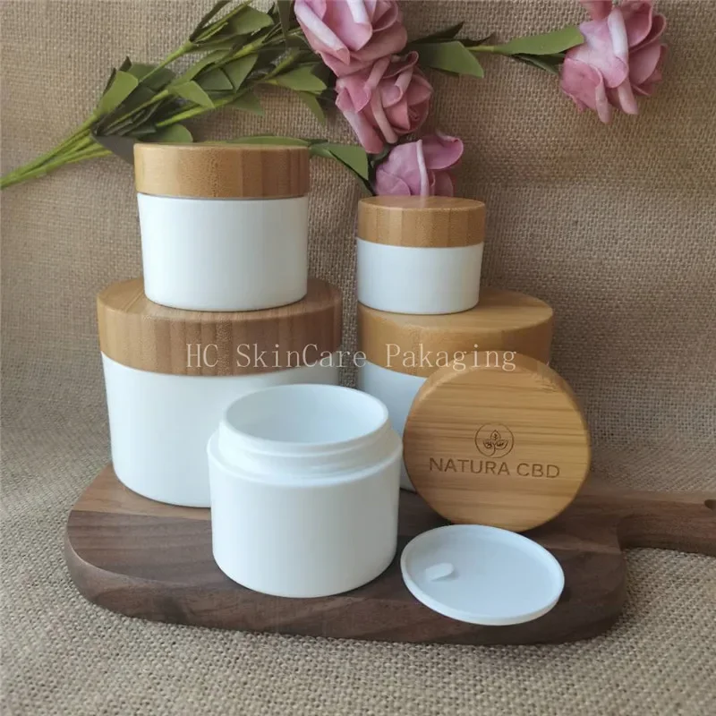 

white Plastic Cream Jar Cosmetic Containers Pot Lip Balm Tin ，Custom Luxury Empty Body Butter Face Cream bottle with Bamboo Lid