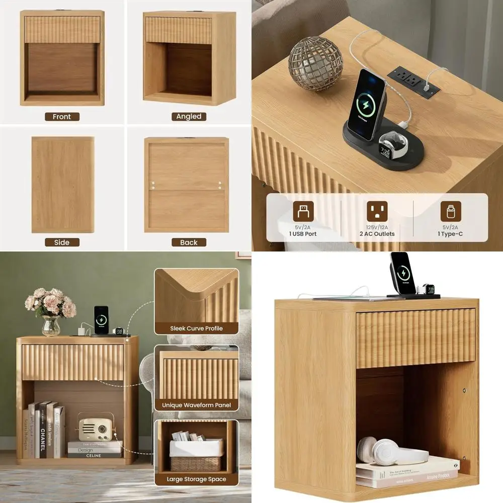 

Современная прикроватная тумбочка шириной 21,7 дюйма с рифленой отделкой, зарядной станцией и выдвижным ящиком, прикроватный столик для спальни из натурального дуба