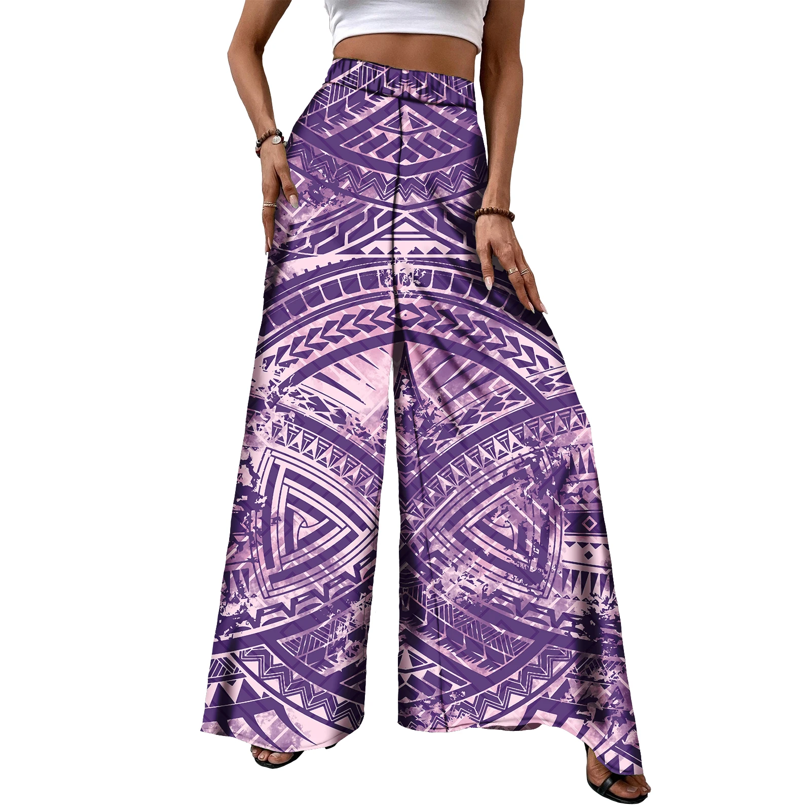 

Spring Casual Loose Elastic Wide Leg Pants Women's High Waist Polynesian Tribal Samoa Fiji Custom Print Design Trousers