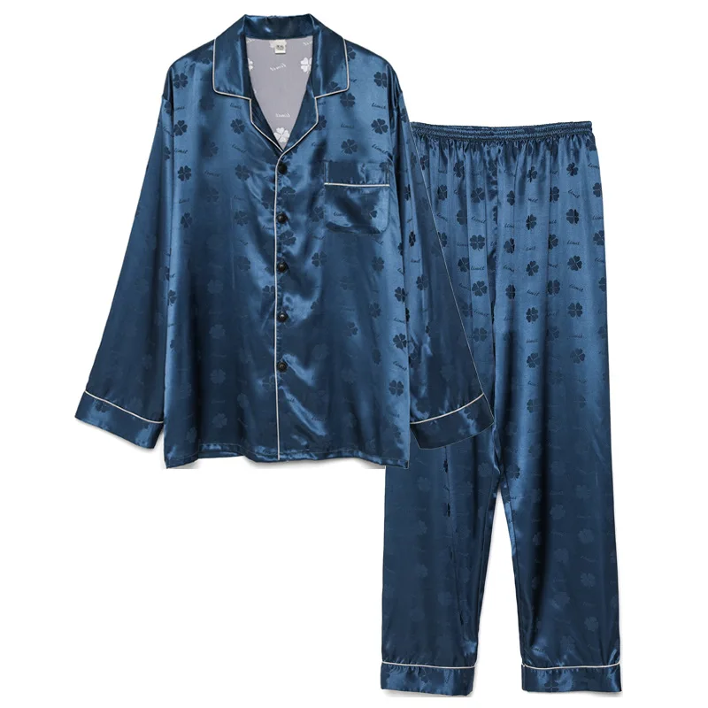 Men Ice Silk Pajamas Suit Summer Plus Size Satin Thin Plaid Pyjamas Male Home Clothes Fashion Print High Quality Sleepwear Boy