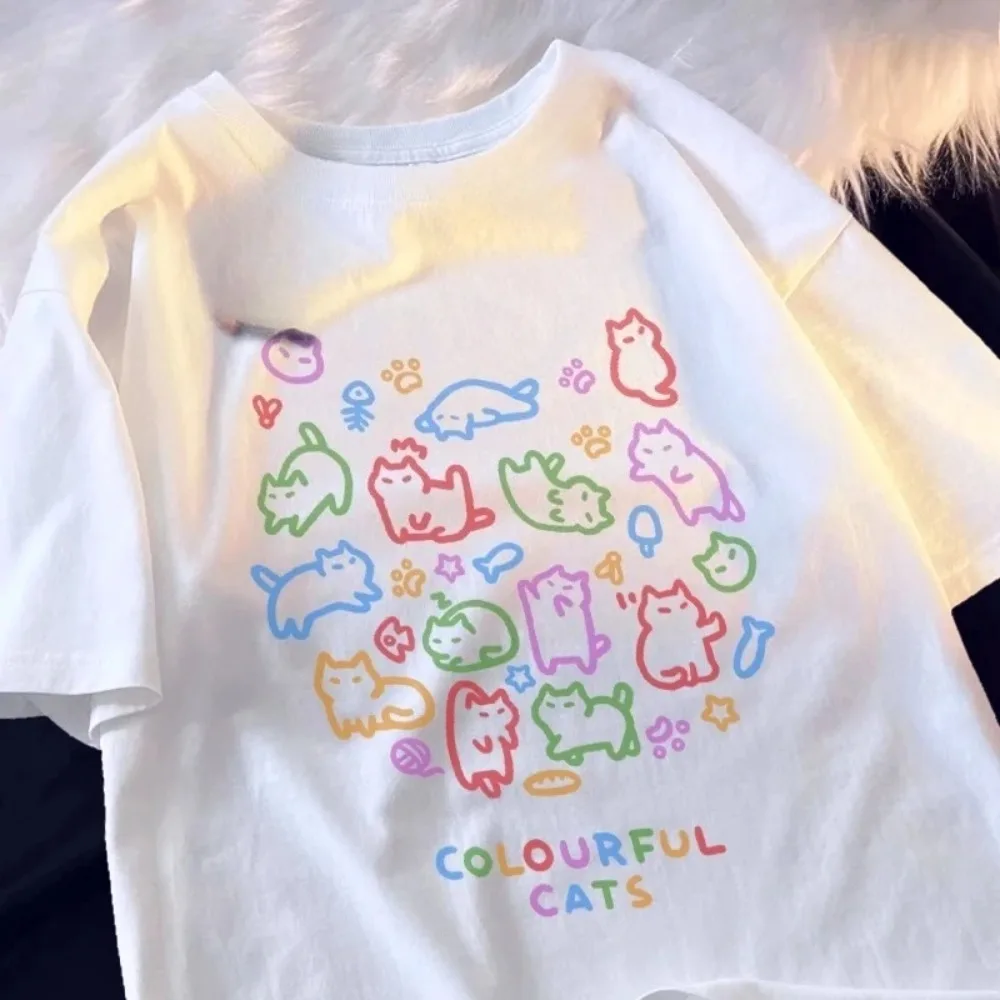 Women's Colorful Cat Baby Trendy Summer Loose Short Sleeve Women Tee Breathable Harajuku Colorful Cat Pose Cute Print Clothing