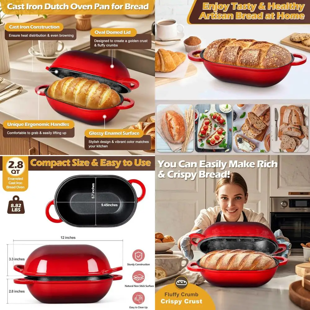 

Red Heavy-Duty 2.8 Qt Oval Enamel Cast Iron Dutch Oven for Sourdough Bread Baking with Lid