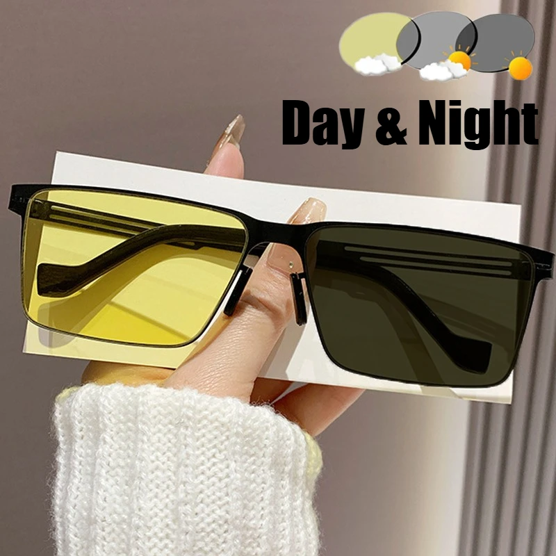 

2 in 1 Square Frame Photochromic Sunglasses Day and Night UV400 Eyewear Men Outdoor Beach Riding Driving Essential Sunglasses