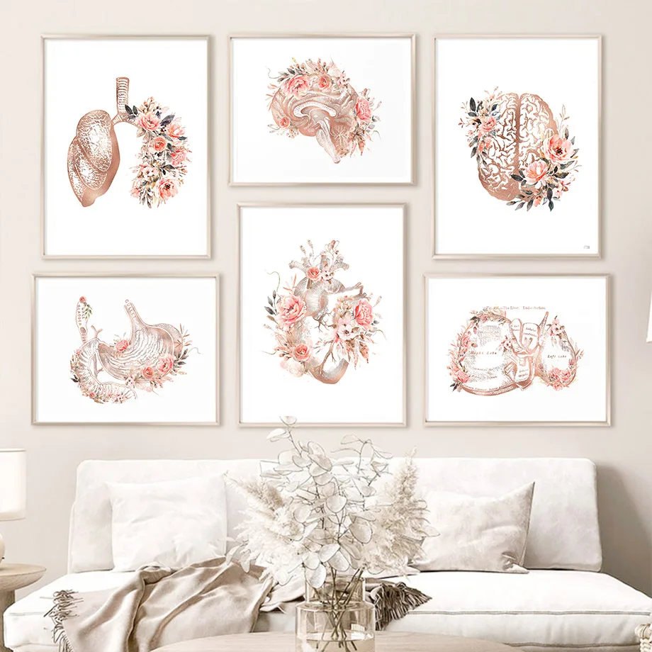 Flower Anatomy Organ Skull Heart Brain Stomach Nordic Posters Wall Art Print Canvas Painting Medicine Pictures Doctor Room Decor