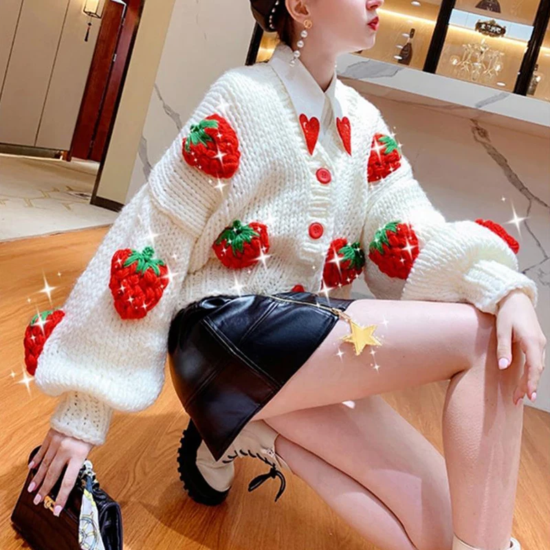 Cute Strawberry Women Cardigan Sweater Winter Loose Fashion V Neck Hand 3D Knitting Ladies Jumper Casual Female Coats New