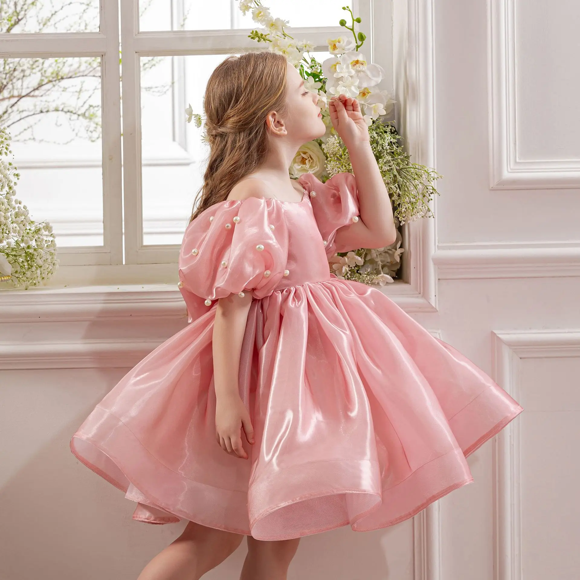 Fashion Candy Color Off-shoulder Puffy Dress For Girls Birthday Party Dresses Evening Gown Children's New Year Dress Carnival