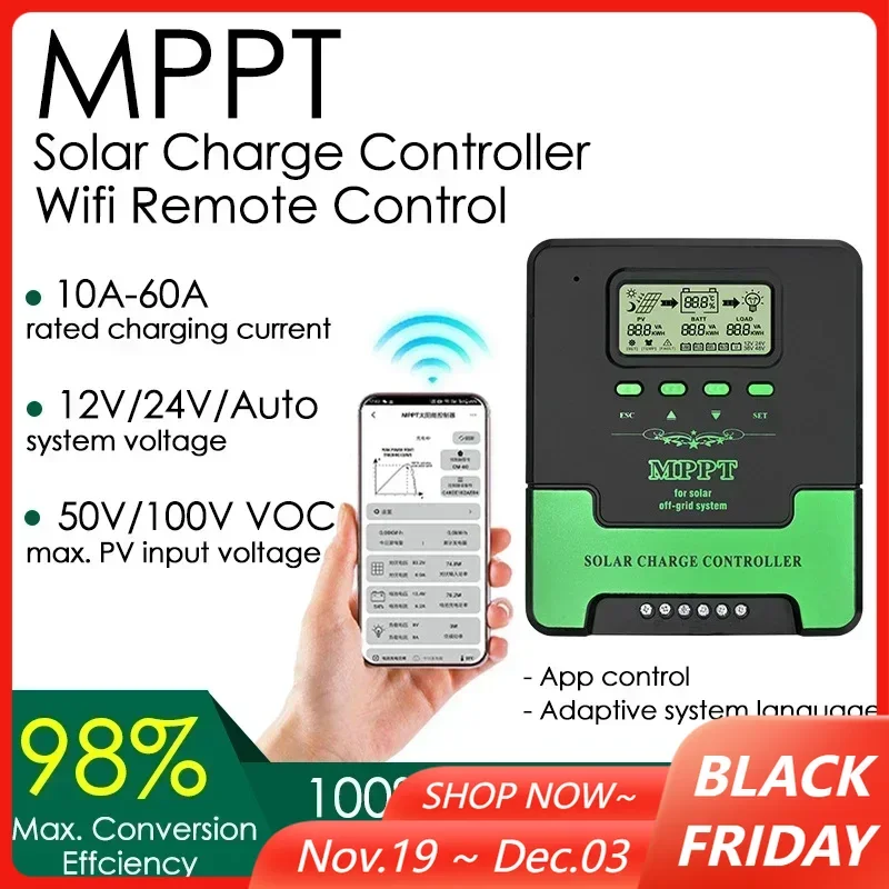

12V 24V Auto Wifi MPPT Solar Charge Controller 10A-60A Dual USB Solar Panel Regulator for Lifepo4 Lead Acid Lithium Battery