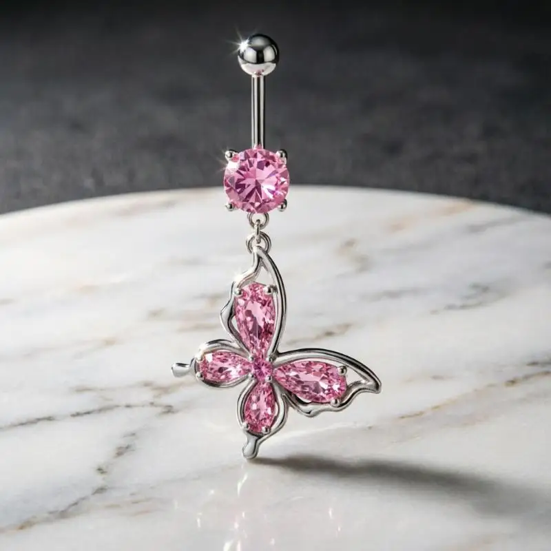 Embedded Zircon Belly Button Rings Openwork Butterfly Heart Pendant Piercing Jewelry Navel Ring Belly Button Piercing