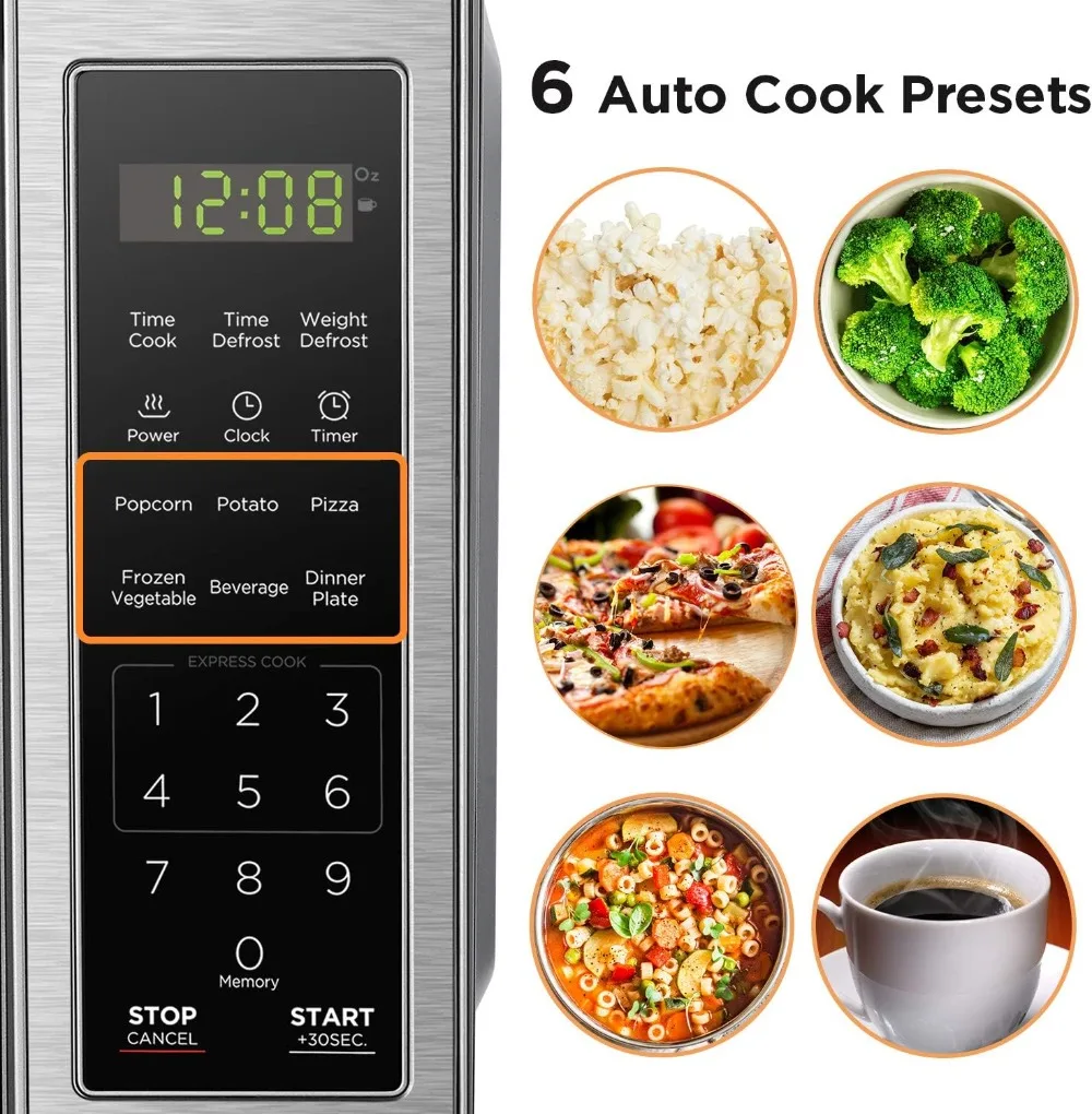 EM720CB7 Digital Microwave Oven with Turntable Push-Button Door, Child Safety Lock, 700W, Stainless Steel, 0.7 Cu.ft