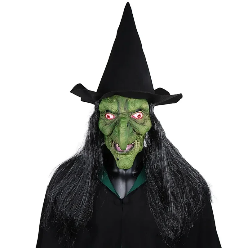 Maschera da strega antica horror di Halloween con cappello Cosplay Pagliaccio spaventoso Hag Maschere in lattice per il viso verde Naso grande Costume da donna anziana Puntelli per feste