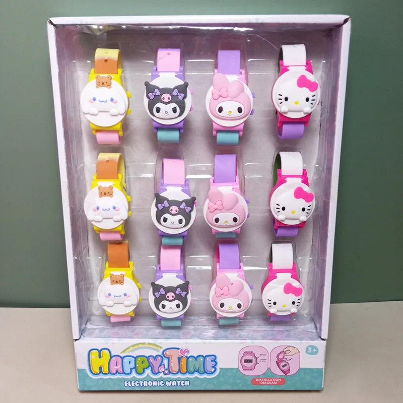 Commercio all'ingrosso 12 pz Sanrio Anime hellobyke orologio arcobaleno gradiente Cinnamoroll Kuromi Kawaii Flip bambini Cartoon Watch Girly Heart