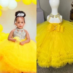 Lovely Fluffy Yellow Flower Girl Dress Sleeveless Tulle Beading for Wedding Party Little Baby Girls Prom Kids Birthday Gowns