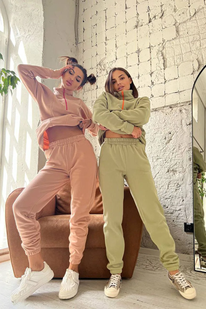 

Fashion Zipper Hooded Sweatshirt Wide-leg Pants Two-piece Sets Women Solid Color Casual Jogger Top Trousers Suit For Women