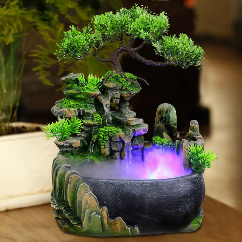 Wealth Company Office Tabletop Ornaments Flowing Water Waterfall Fountain With Color Changing LED Lights Spray Home Decoration