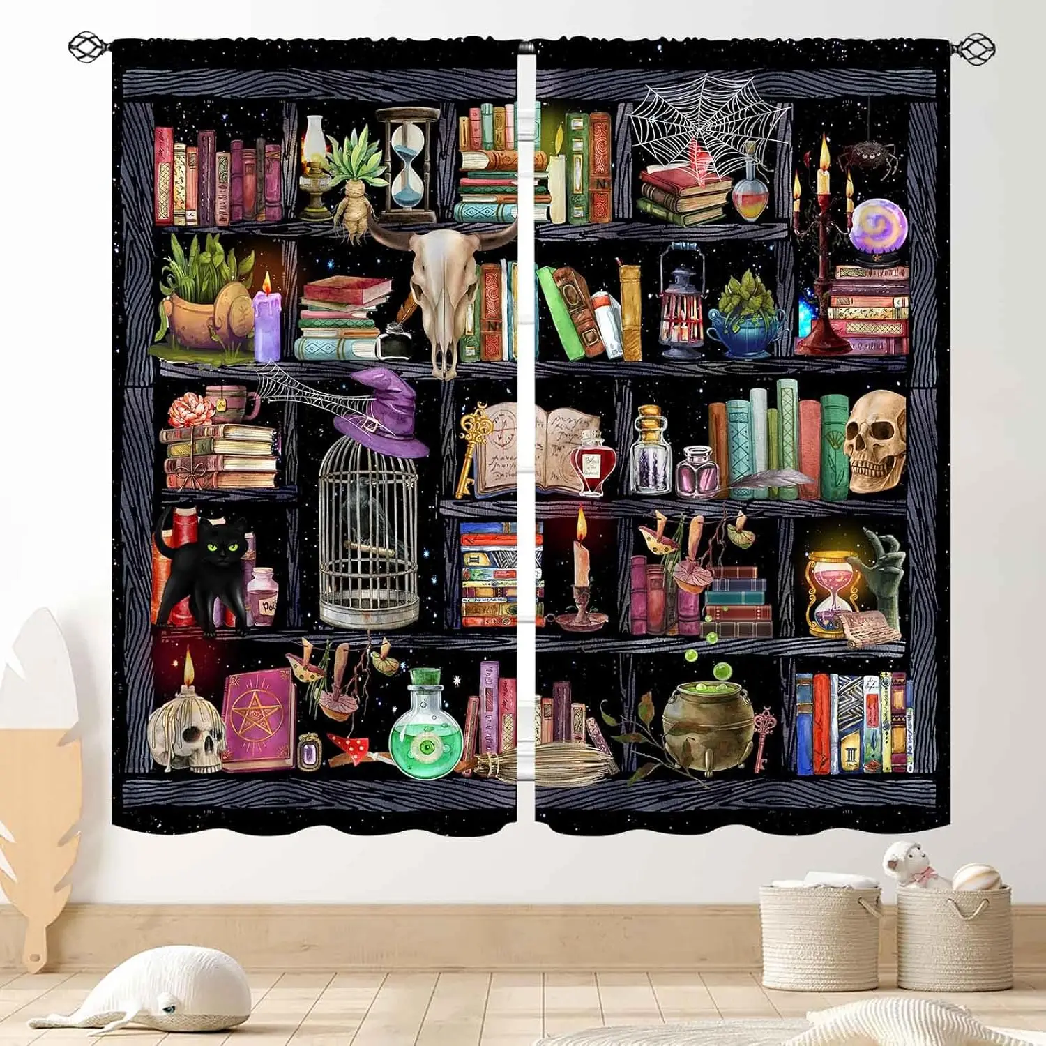 Witchy Curtains,Fantasy Magical Vintage Bookshelf Mysterious Bookcase Skull Spooky Gothe Blackout Window Drapery Treatments for