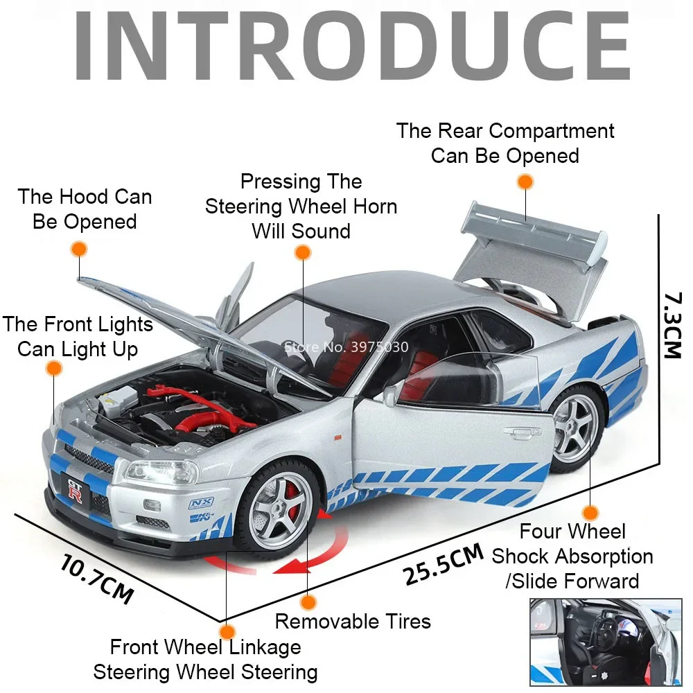 1:18 Scale Alloy Nissan GTR SKYLINE Cars Models Diecast Toys 4 Doors Opened Slide Forward Miniature Supercars Hobby Decorations