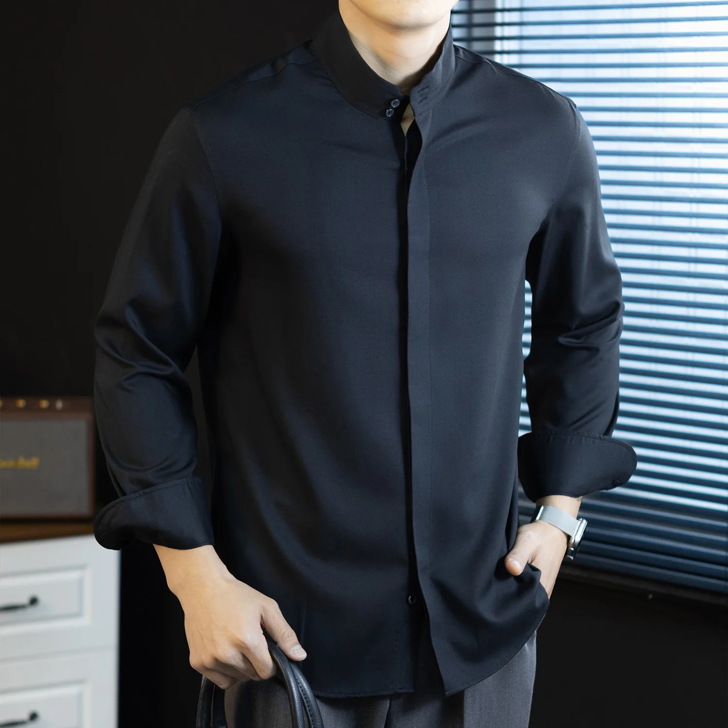 Chinese Stand Collar Button-down Long Sleeve Shirt Men Business Casual Fashion Vintage Wedding Dress Shirts Tops