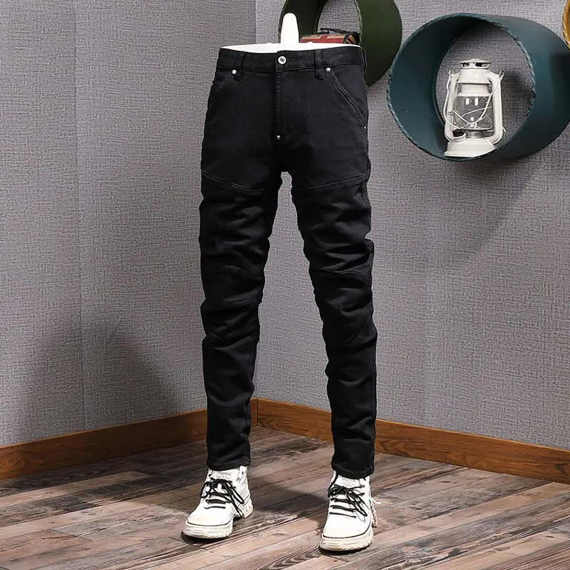 Street Fashion Designer Men Jeans High Quality Black Stretch Slim Fit Biker Jeans Men Patched Hip Hop Vintage Denim Cargo Pants