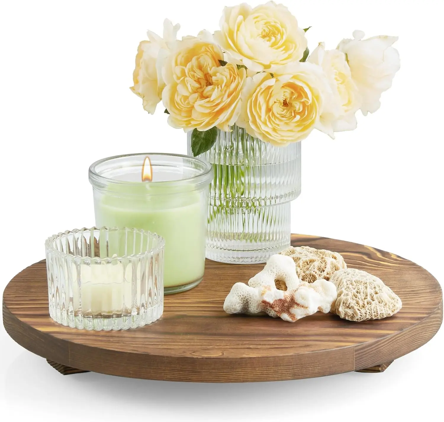 

Round Wood Decorative Tray 10 Inch Brown Counter Organizer Pedestal Stand for Bathroom Kitchen Soap Perfume Candle