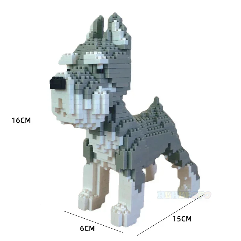 Micro bloques de construcción del mundo Animal de dibujos animados Kawaii para niños, modelo de perro mascota gris, Mini juguetes de diamantes DIY, ladrillos para regalos