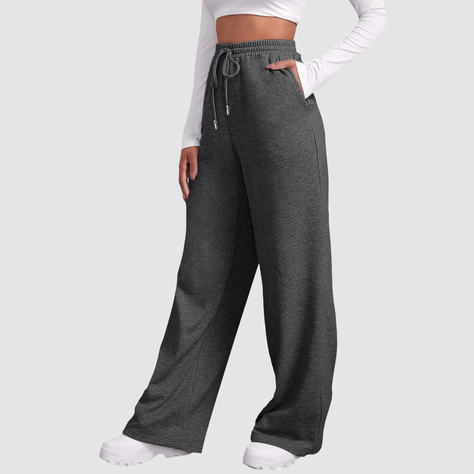 Wide Leg Pants Women Casual Long Pants Elastic High Waist Drawstring Trousers Loose Sport Travel Basic Sweatpants With Pocket