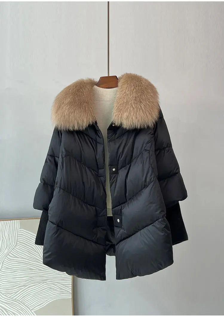 Winte White Down Duck Parka Big Fur Collar Cotton Padded Jacket Women Loose Puffer Coat Lightweight Pocket Female Outerwear