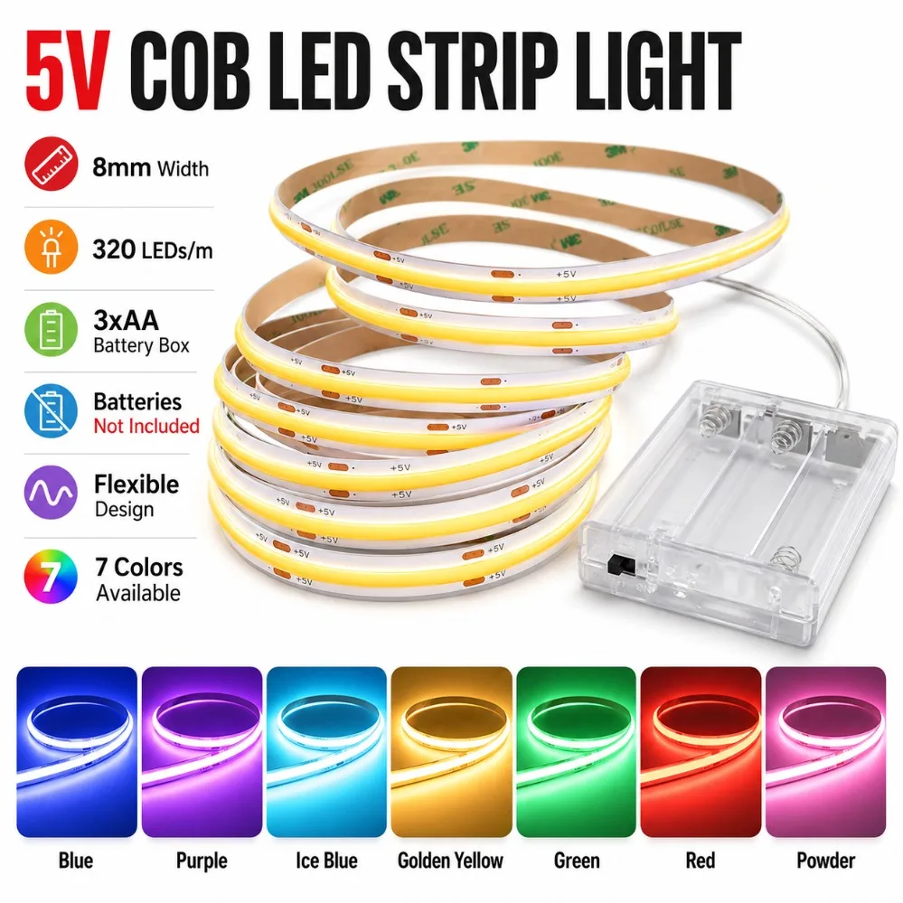 5V COB LED Strip 8MM Width 320LEDs/M 3AA Battery Powered Flexible Light Warm Natural Cool White for Bedroom Cabinet TV Backlight