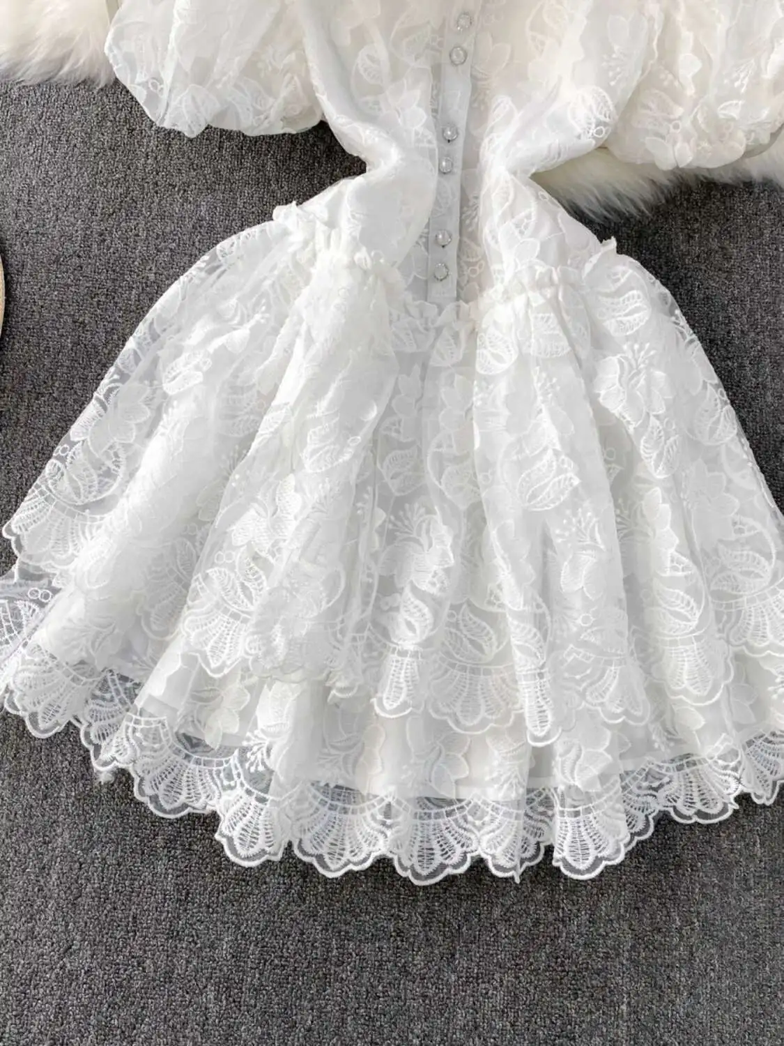 เย็บปักถักร้อยชุดสั้นผู้หญิงฤดูร้อนเดี่ยวเกาหลีสไตล์แขนฟองชุดเจ้าหญิงหวานพรรค Vestidos