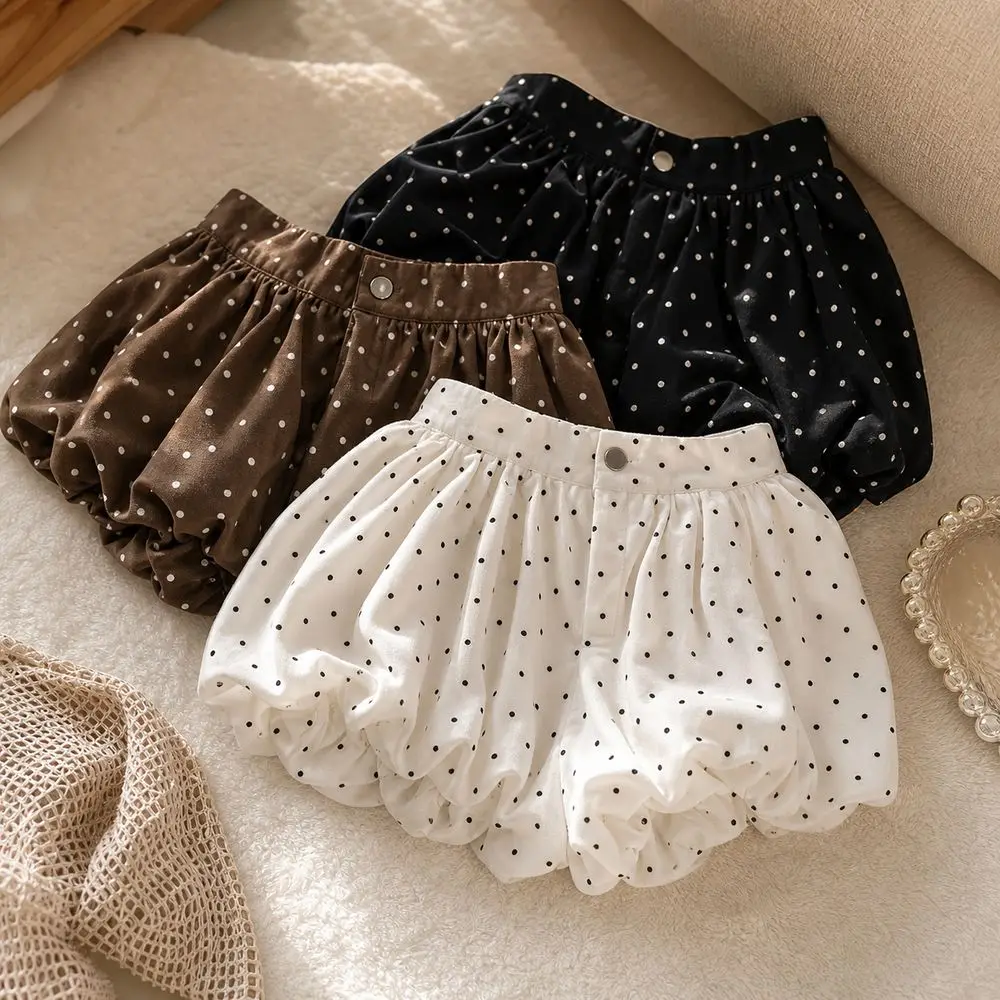 Polka Dot Pattern Polka Dot Bloomers Bubble Silhouette Button Front Pumpkin Shorts High Waist Elastic Leg Openings
