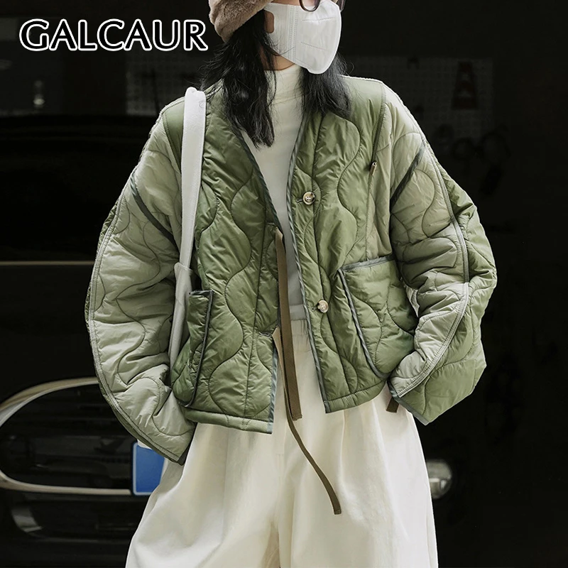 GALCAUR Spliced กระเป๋าลงเสื้อผู้หญิง V คอยาวแขนยาว Patchwork Single Breasted Casual Quilted Jacket หญิงฤดูหนาวใหม่