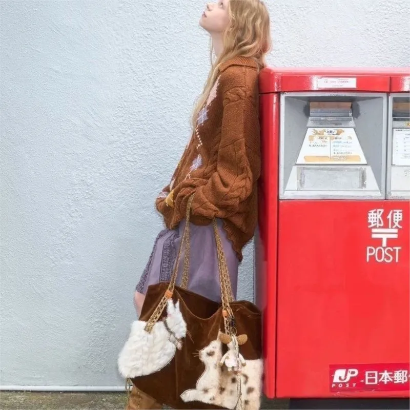 Retro Cute Cat Plush Tote Bag - Large Capacity Shoulder Bag, Coffee