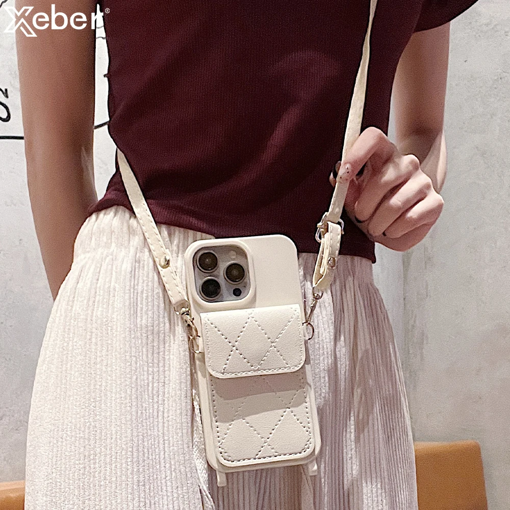 Leather Wallet Crossbody Lanyard Necklace Silicone Case For iPhone 16 14 12 15 13 Pro Max Slot Card Holder Shockproof Soft Cover