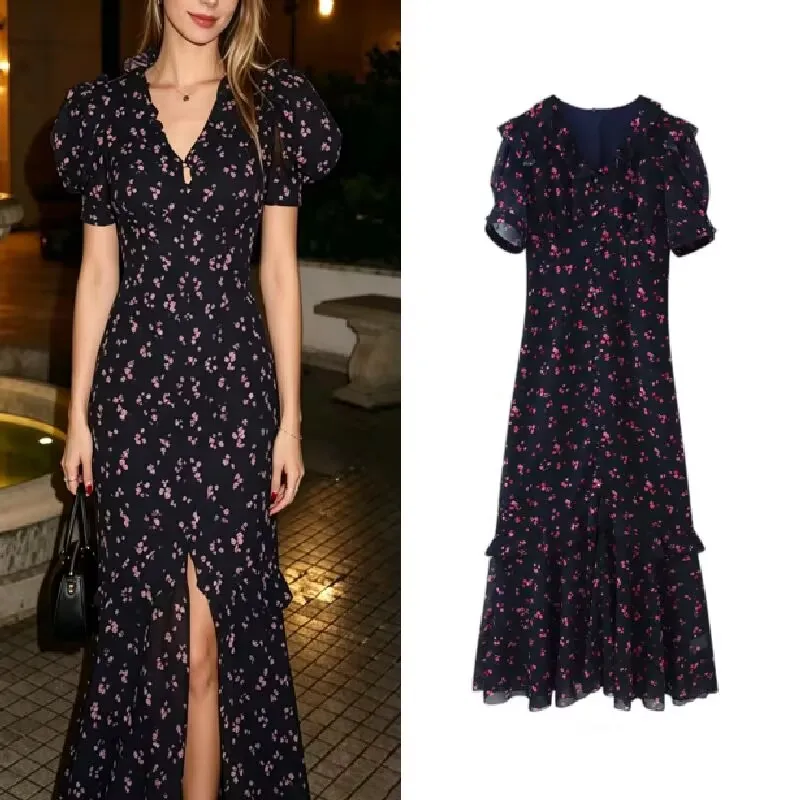 Image of Sexy Urban Print Maxi-Modekleid für Damen mit V-Ausschnitt, Einreiher, Rüschen und Puffärmeln – Sommer 2026 Langes Kleid Damenrobe