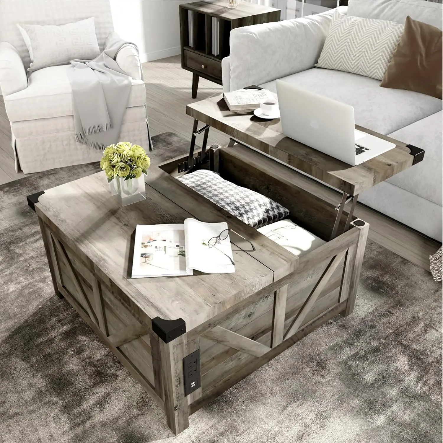 Farmhouse Lift Top Coffee Table com Armazenamento, Wood Square Center Table, Estação de carregamento e portas USB, Living Room Central Table