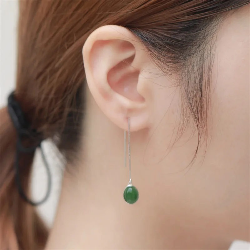 925 Sterling Silver Hollow Inlaid Jasper Ear Thread with Certificate Simple Fashion Long Earrings Natural Hetian Jade Earrings
