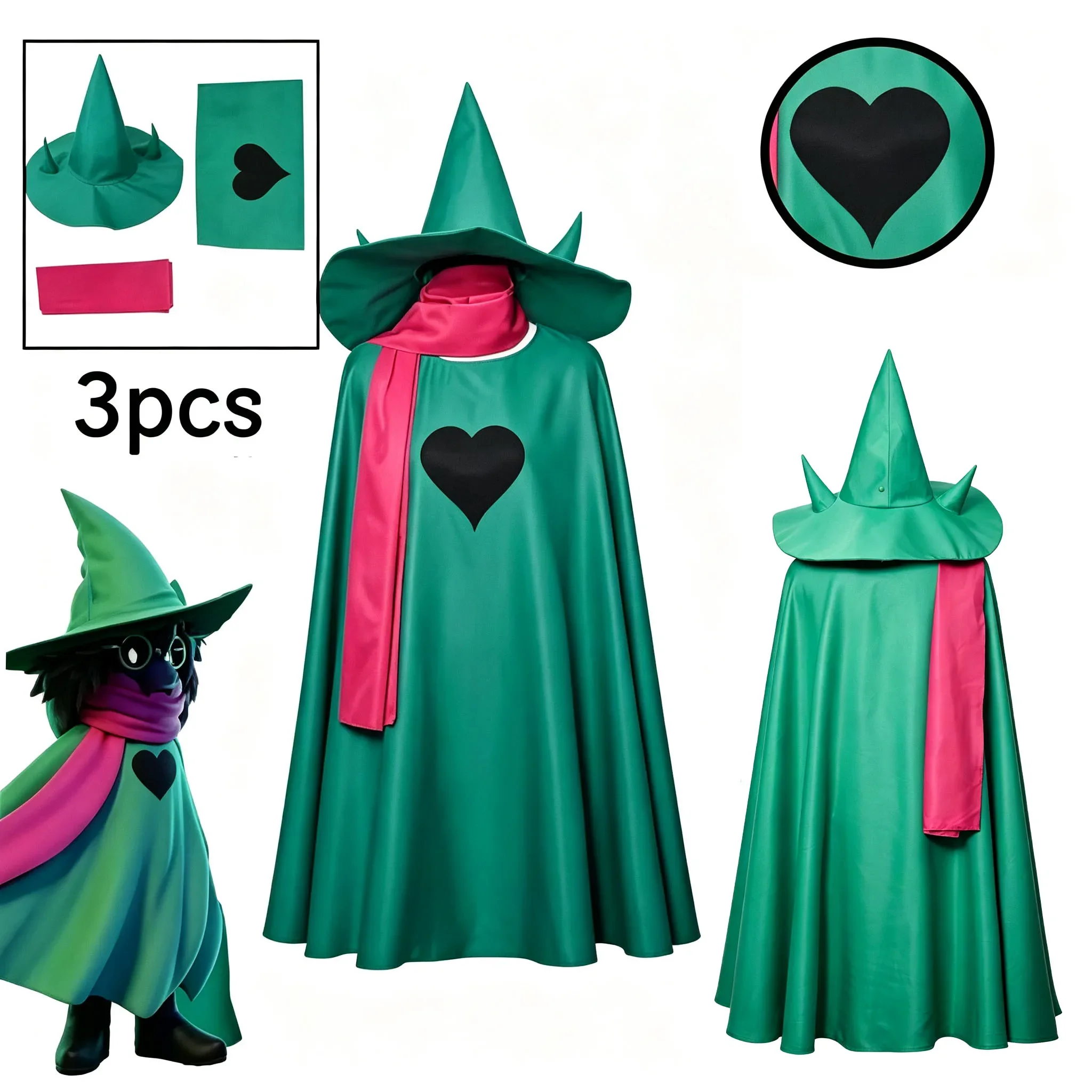 デルタルーン-ラルセイ-コスプレ-フルセット、3ピース-グリーンマント、ウィザードハット＆ピンクスカーフ、ハロウィンゲームロールプレイコスチューム