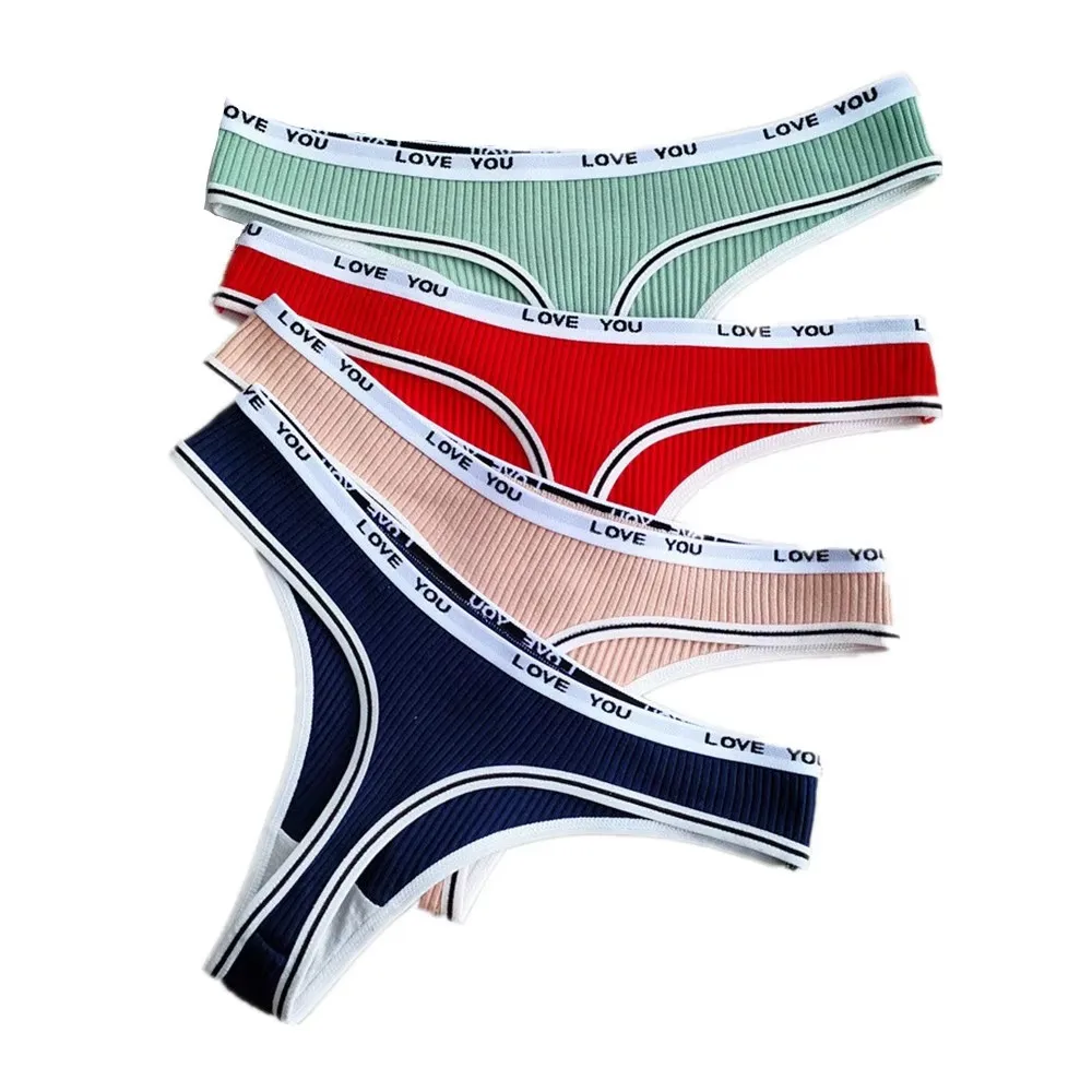 4 шт./компл. ребристые стринги для женщин, хлопковые трусики с буквами на талии, спортивные стринги, сексуальное женское белье, женское нижнее белье Calzones Mujer