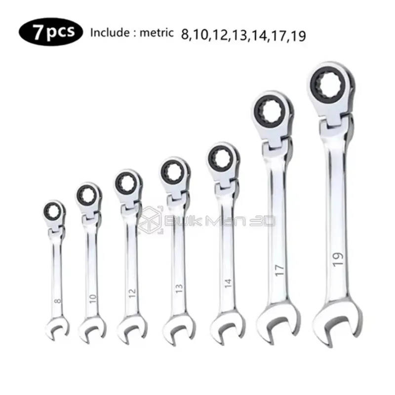 7pcs/Set Metric Ratchet Wrench Key Set Flexible Head Spanner 8mm/10mm/12mm/13mm/14mm/17mm/19mm