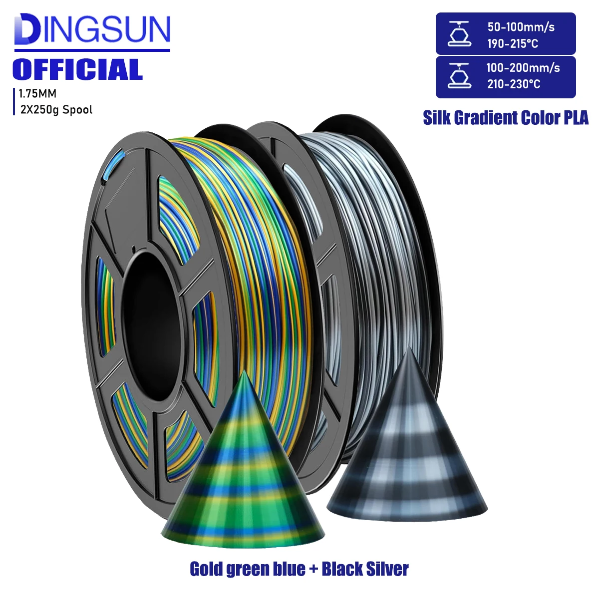 

Шелковая нить PLA 1,75 мм, красочная нить PLA для 3D-принтера, градиент цвета, 250 г/500 г/1000 г, золотисто-синий, зеленый/черный, серебристый цвет