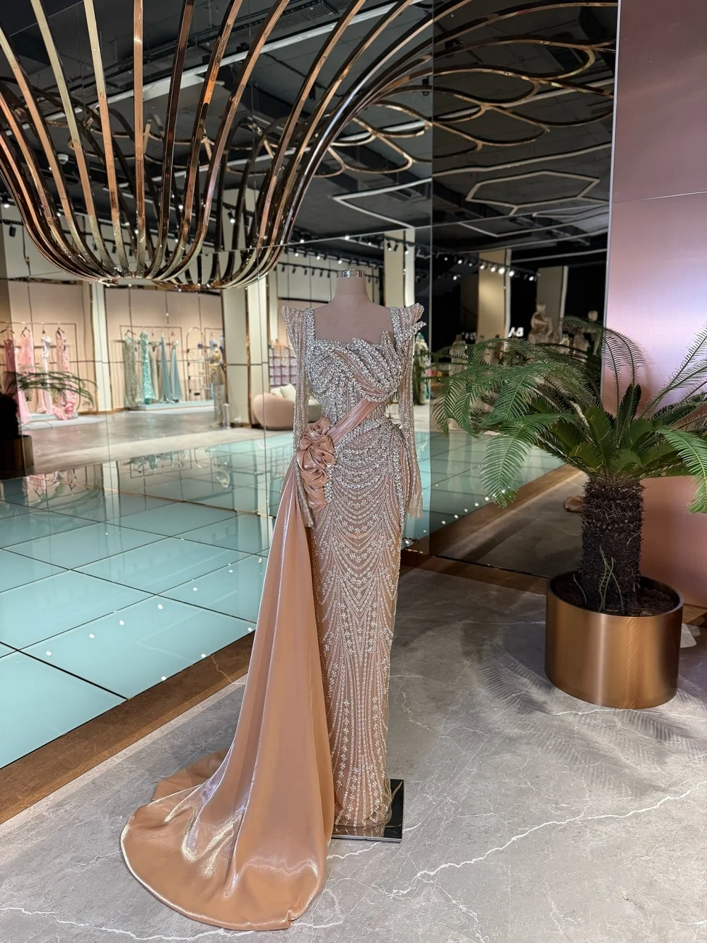 فستان سهرة عصري بأكمام طويلة رشيق على شكل قلب كريستال ثوب مسائي فاخر ثلاثي الأبعاد-زهرة بطول الأرض فستان الحفلات