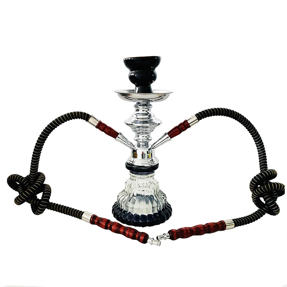 2 Hose Shisha Pipe Set Glass Base Hookah with Ceramic Bowl Synthetic Leather Hose Metal Charcoal Tongs Chicha Gift Decoration