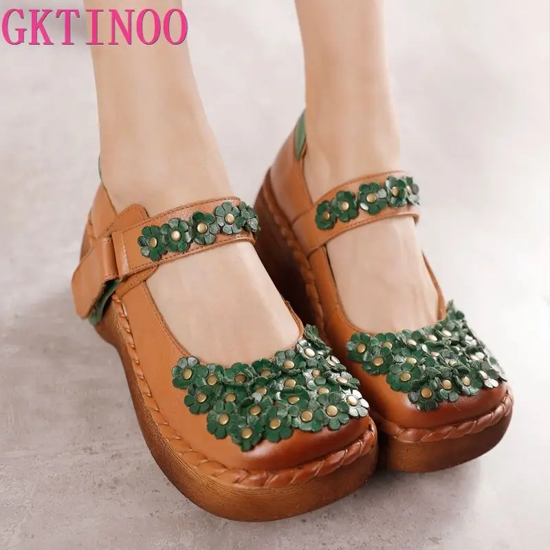 GKTINOO Retro Pumps Women Shoes Genuine Leather Hook & Loop 2024 New Spring Round Toe Floral Handmade Concise Platform Shoes