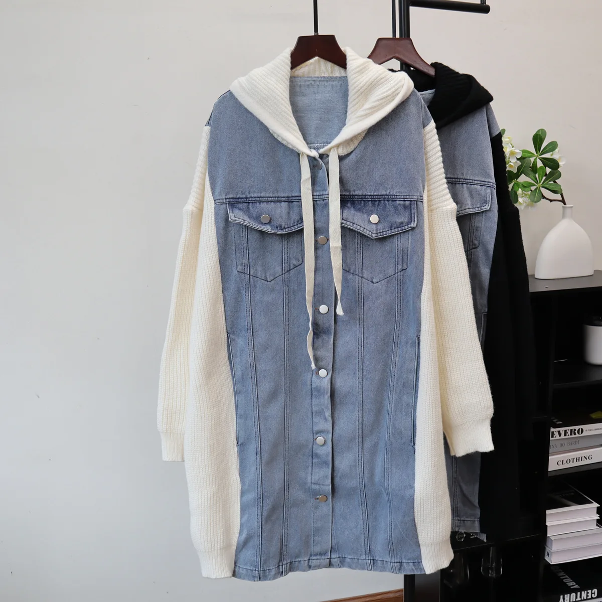 

Women Knitted Cardigan Jumpers Casual Denim Sweaters Hooded Patchwork Long Sleeves Thick Loose Y2k Single Breasted 2025 Autumn