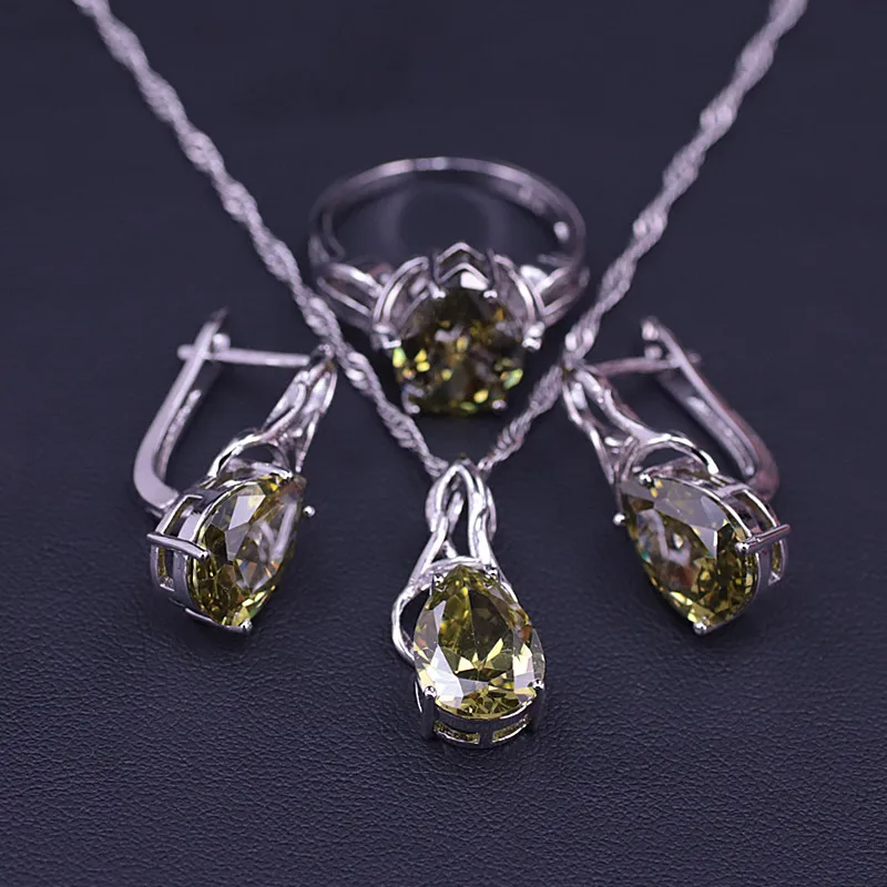 promotion olive green pear square silver 925 costume jewelry for woemn hoop earrings ring necklace set