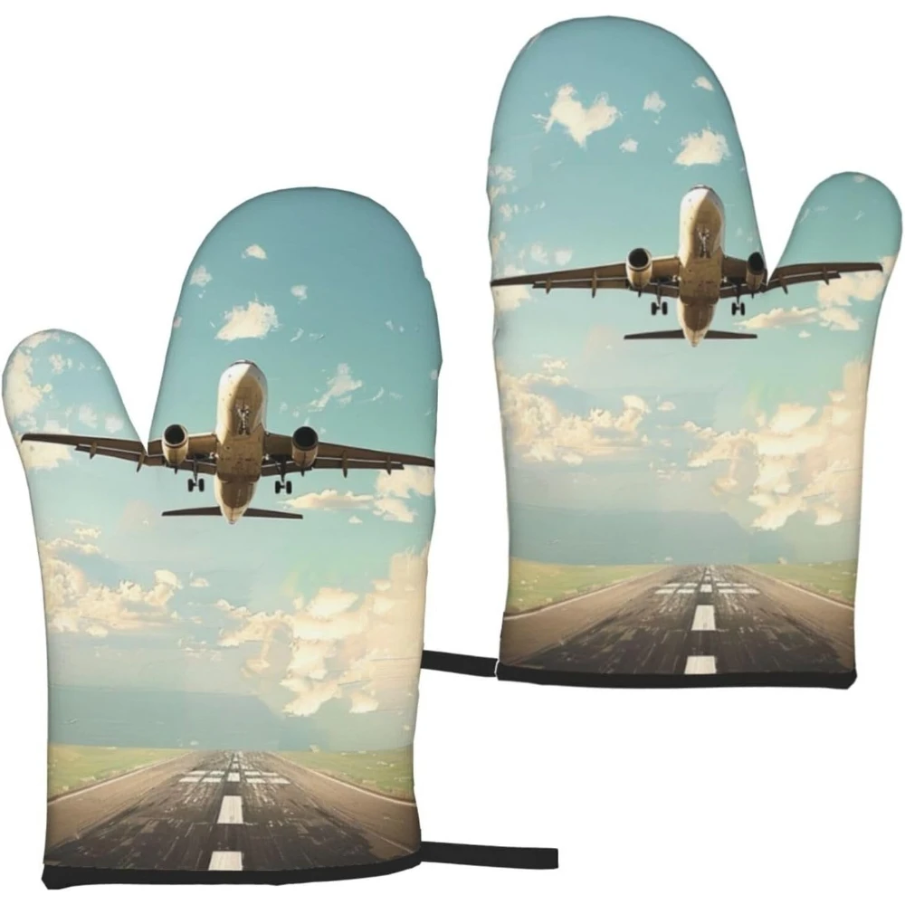 

Airplane Printed Oven Mitts 2pcs - Heat Resistant Waterproof Fabric Oven Gloves for Kitchen, Baking, Barbecue - Idea Gift!