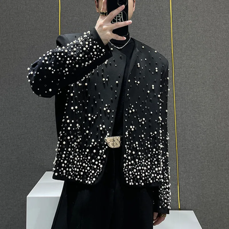 WVGA Spring Autumn New Men Tide Heavy Craft Diamond Trendy Patchwork Short Jacket Niche Chic Casual Pearl O-Neck Coat Ins W15408